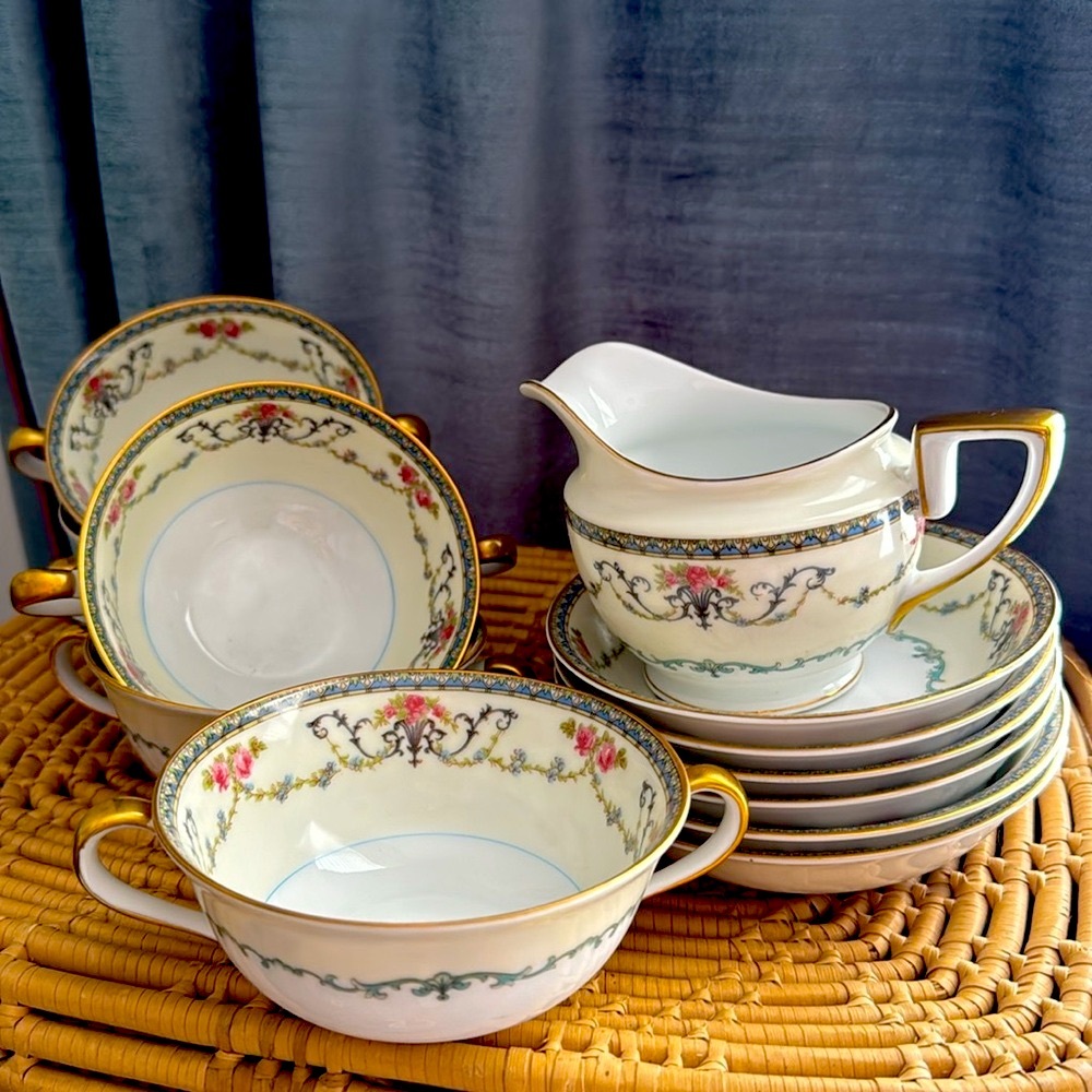 Noritake Premier Japan Saucer Set-12 Pink Roses, Blue Floral Swag & Border